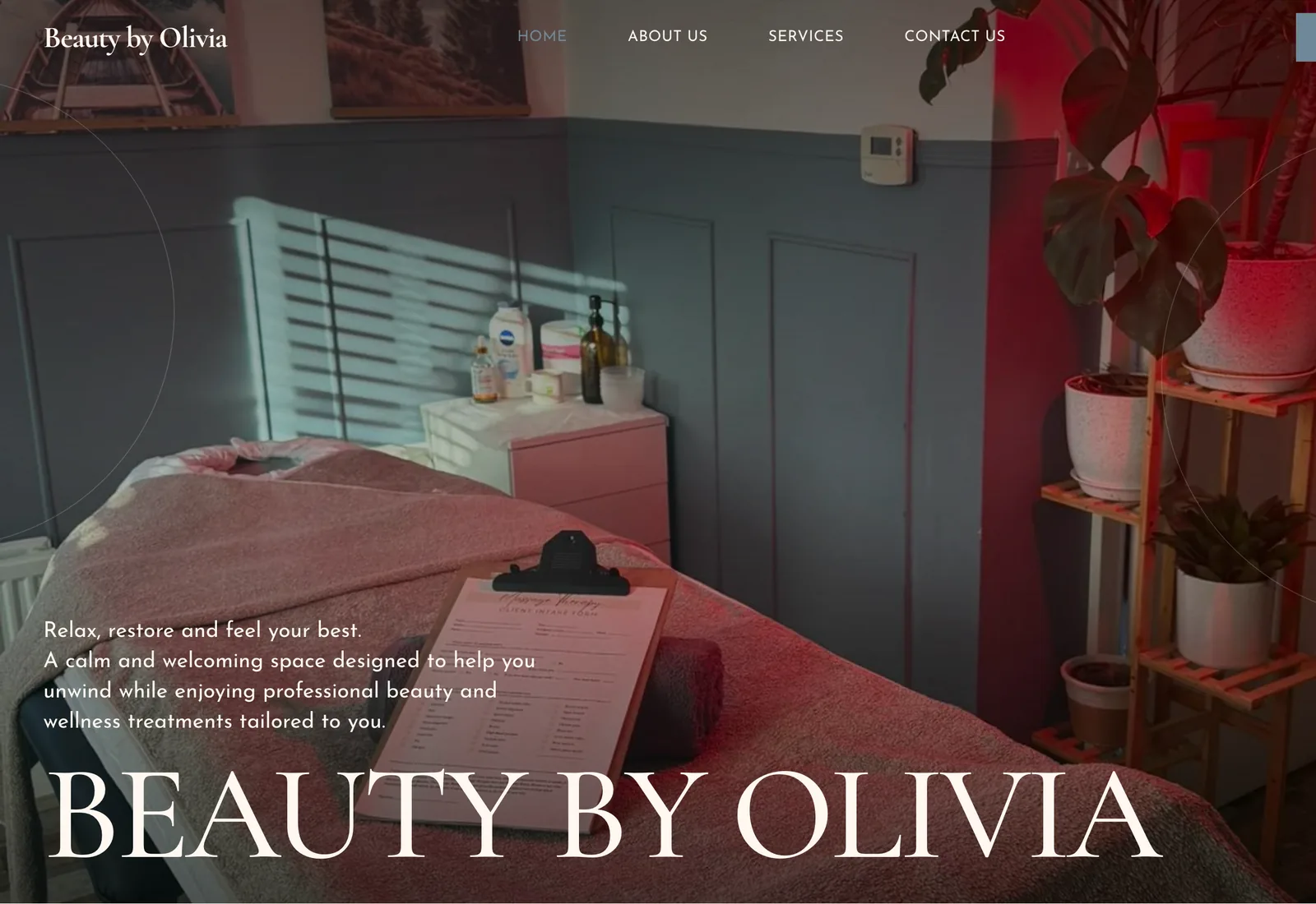 The Beauty by Olivia homepage on a desktop browser: a photograph of a treatment room, with the wordmark “Beauty by Olivia” set large across the foot of it.