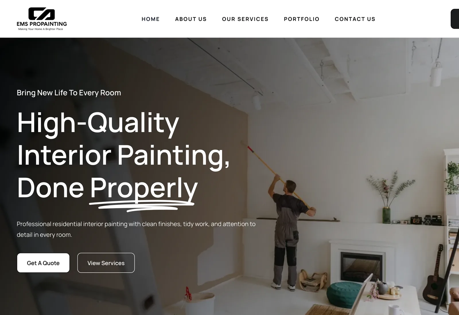The EMS ProPainting homepage on a desktop browser: the headline “High-Quality Interior Painting, Done Properly” over a photograph of a decorator painting a living room, with “Get A Quote” and “View Services” buttons.