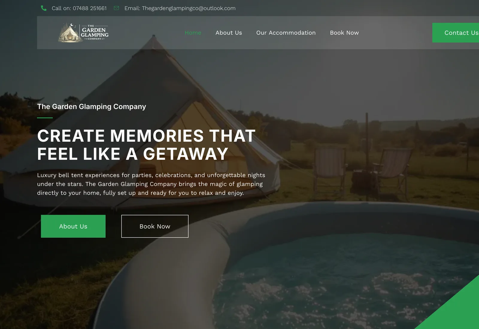 The Garden Glamping Company homepage on a desktop browser: the headline “Create Memories That Feel Like A Getaway” over a photograph of a lit bell tent at dusk, above “About Us” and “Book Now” buttons.