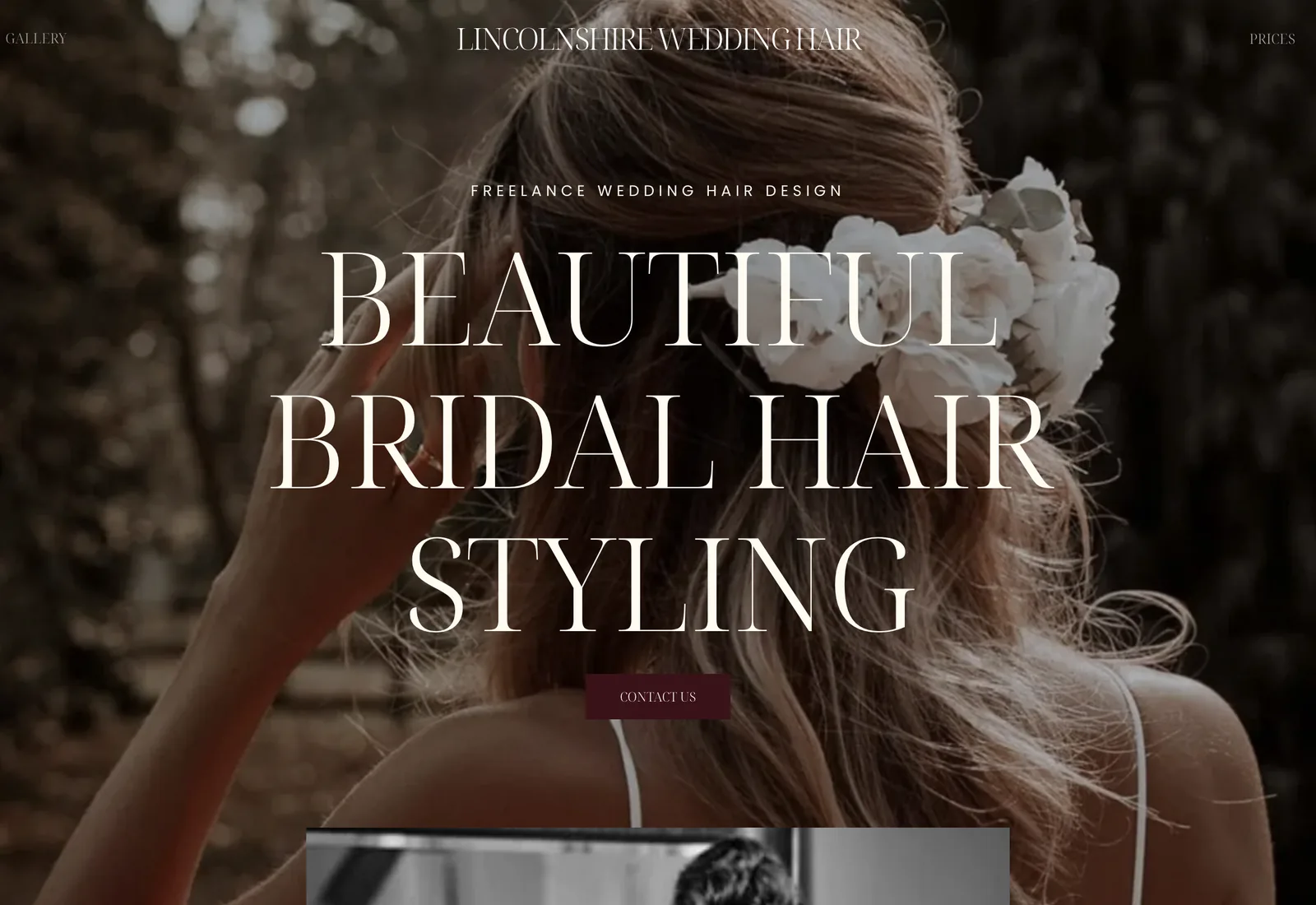 The Lincolnshire Wedding Hair homepage on a desktop browser: the headline “Beautiful Bridal Hair Styling” over a photograph of a bride’s styled hair, under the label “Freelance Wedding Hair Design”.
