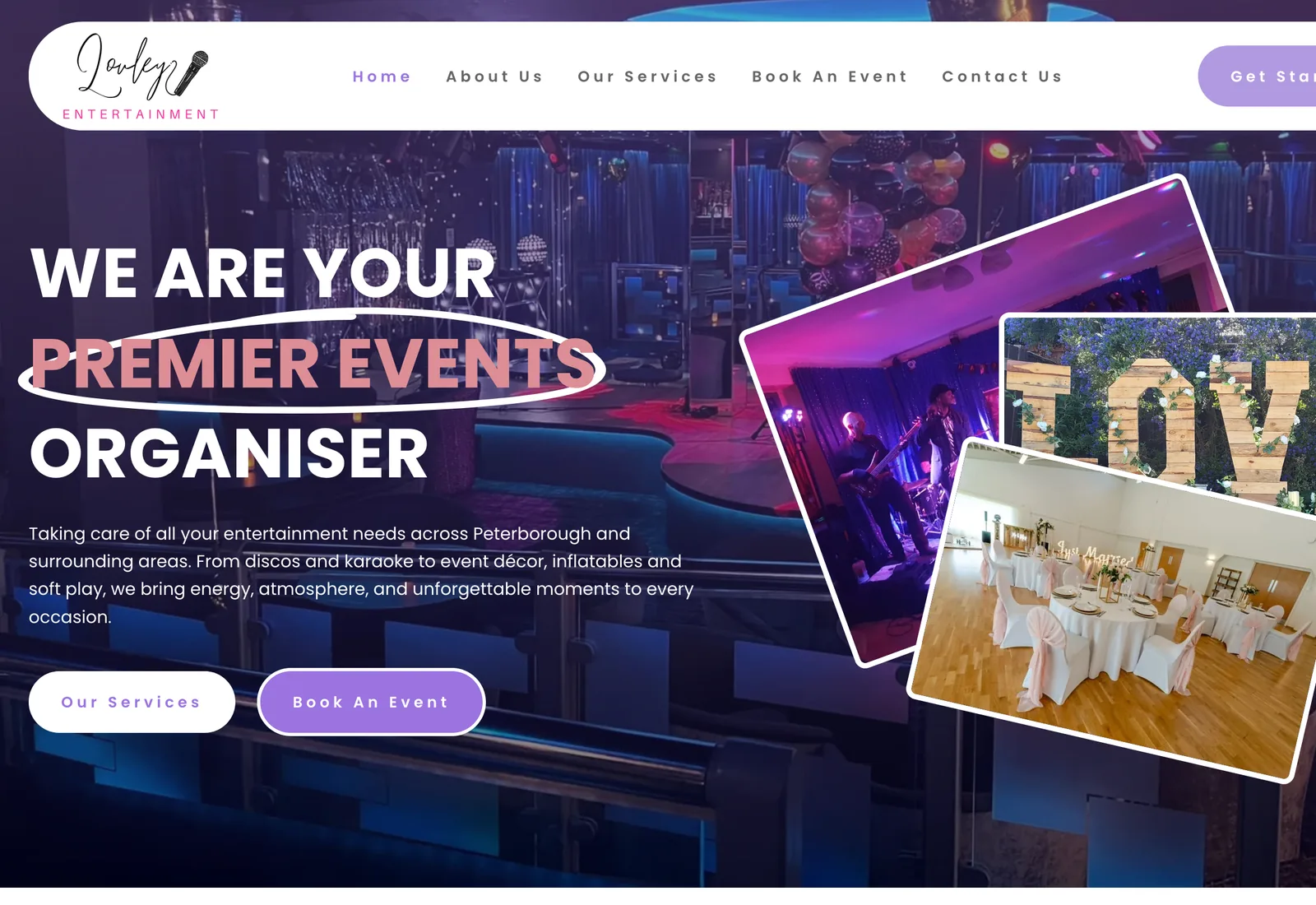 The Lovley Entertainment homepage on a desktop browser: the headline “We Are Your Premier Events Organiser” beside photographs of an event space, with “Our Services” and “Book An Event” buttons.
