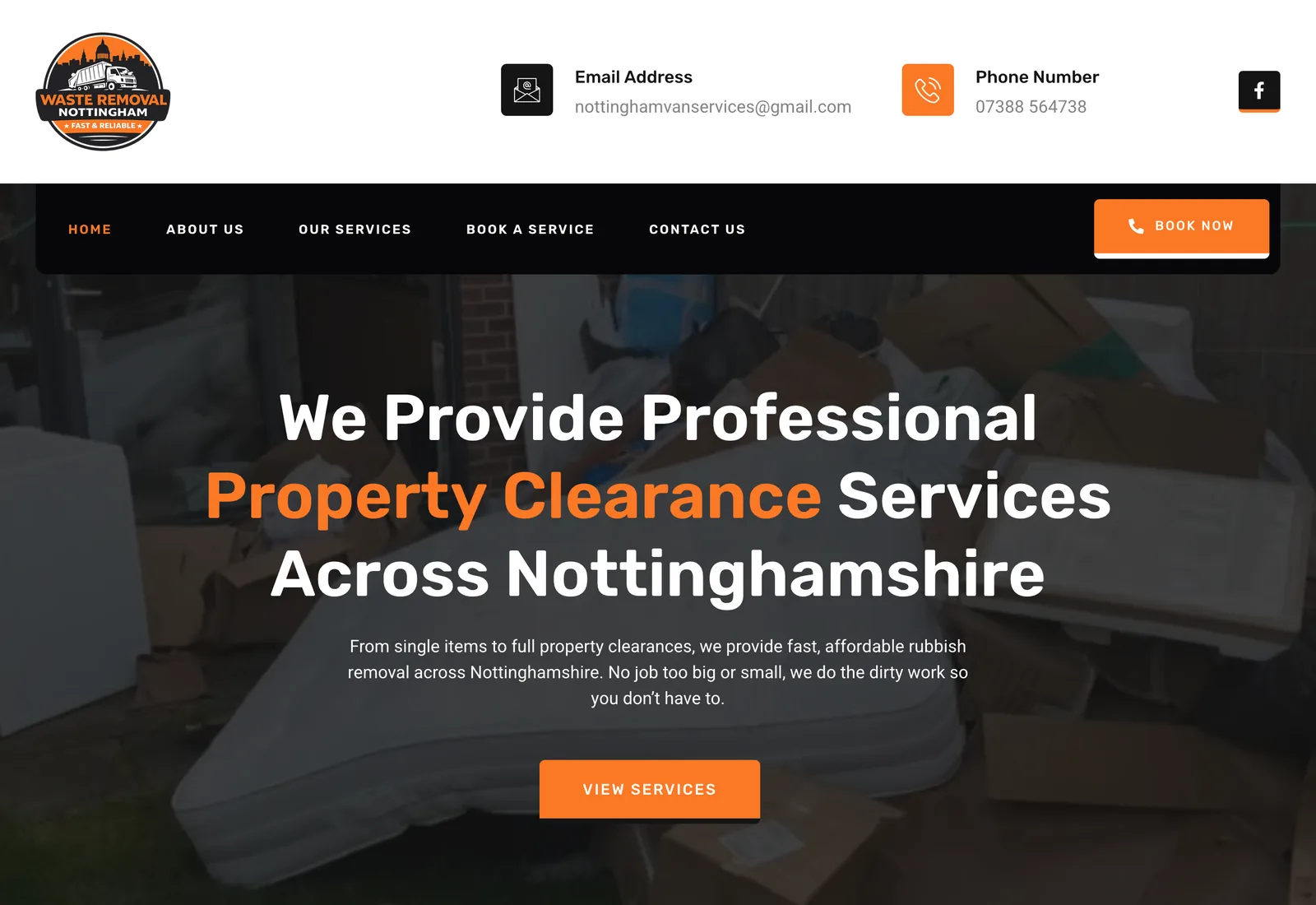 The Waste Removal Nottingham homepage on a desktop browser: the headline “We Provide Professional Property Clearance Services Across Nottinghamshire” over a photograph of cleared waste, above a “View Services” button.